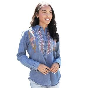 NOSTALGIA Boho Western Floral Embroidered Acid Wash Chambray Top